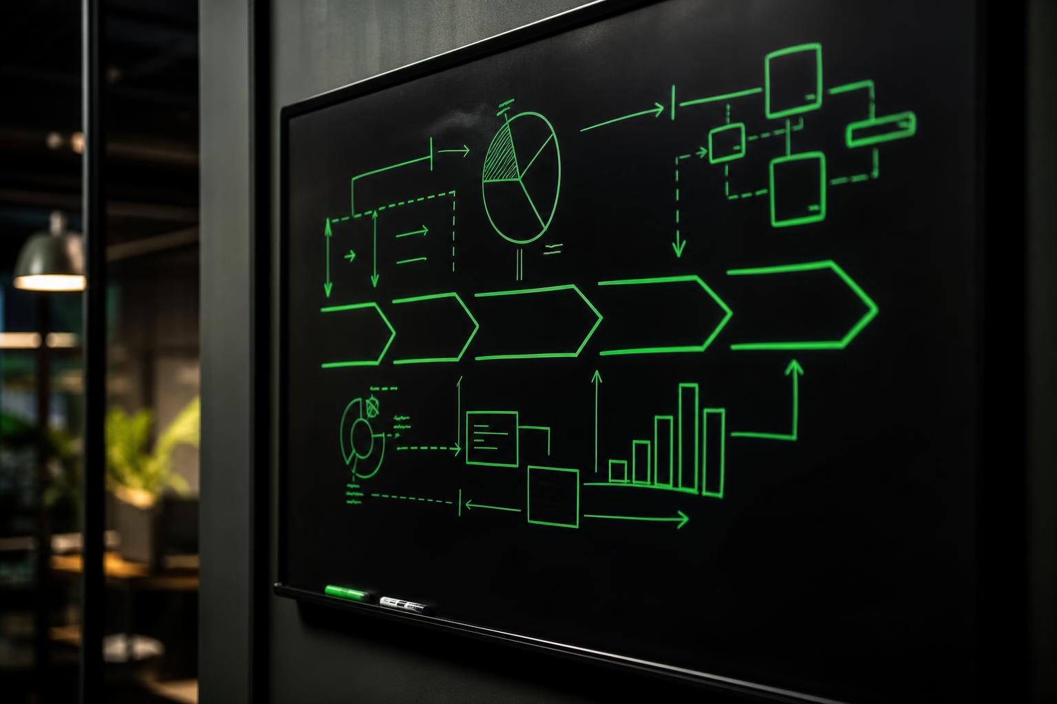 Strategy framework diagram on a black whiteboard with green markings showing the steps of an online reputation management methodology